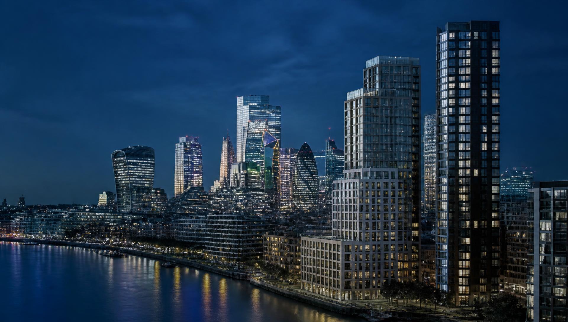 London skyline and riverside residential towers at blue hour
