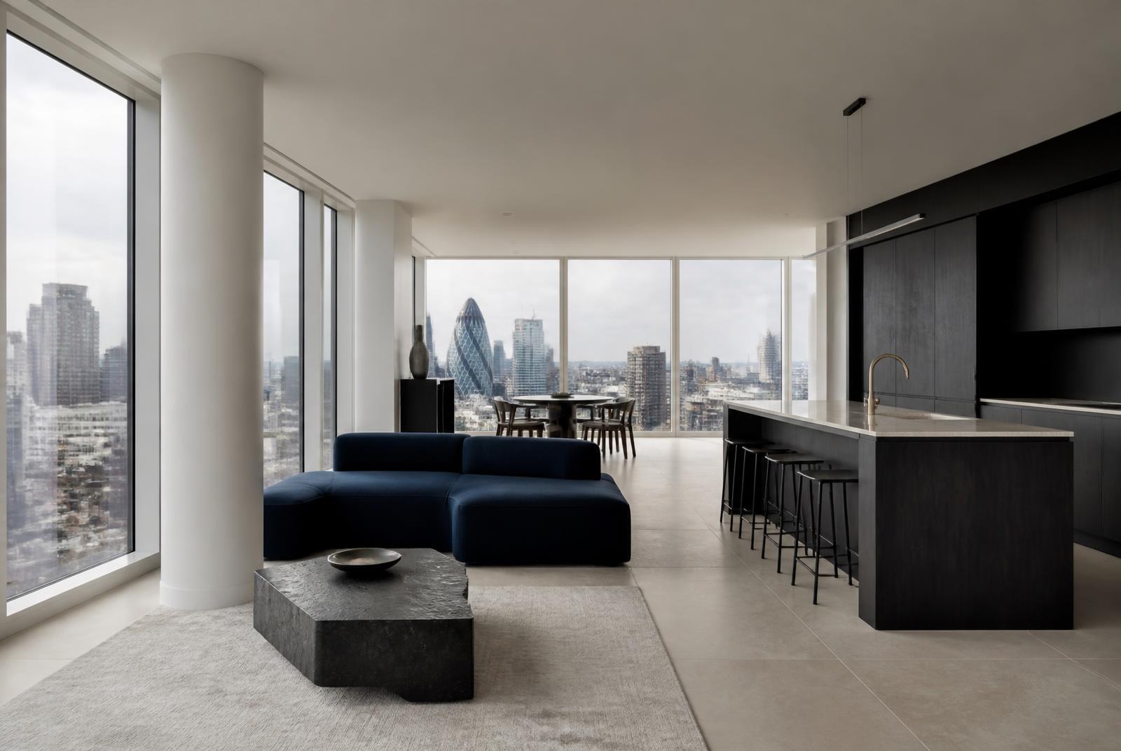 Minimal luxury London apartment interior with city views