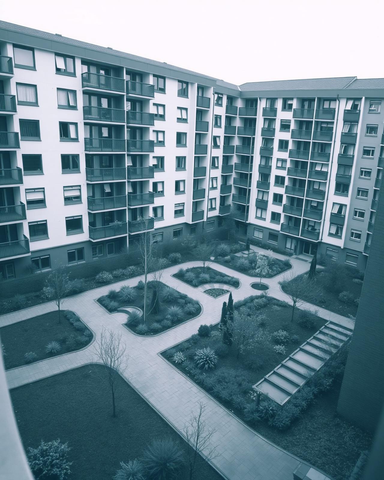 Landscaped courtyard within a contemporary residential apartment block