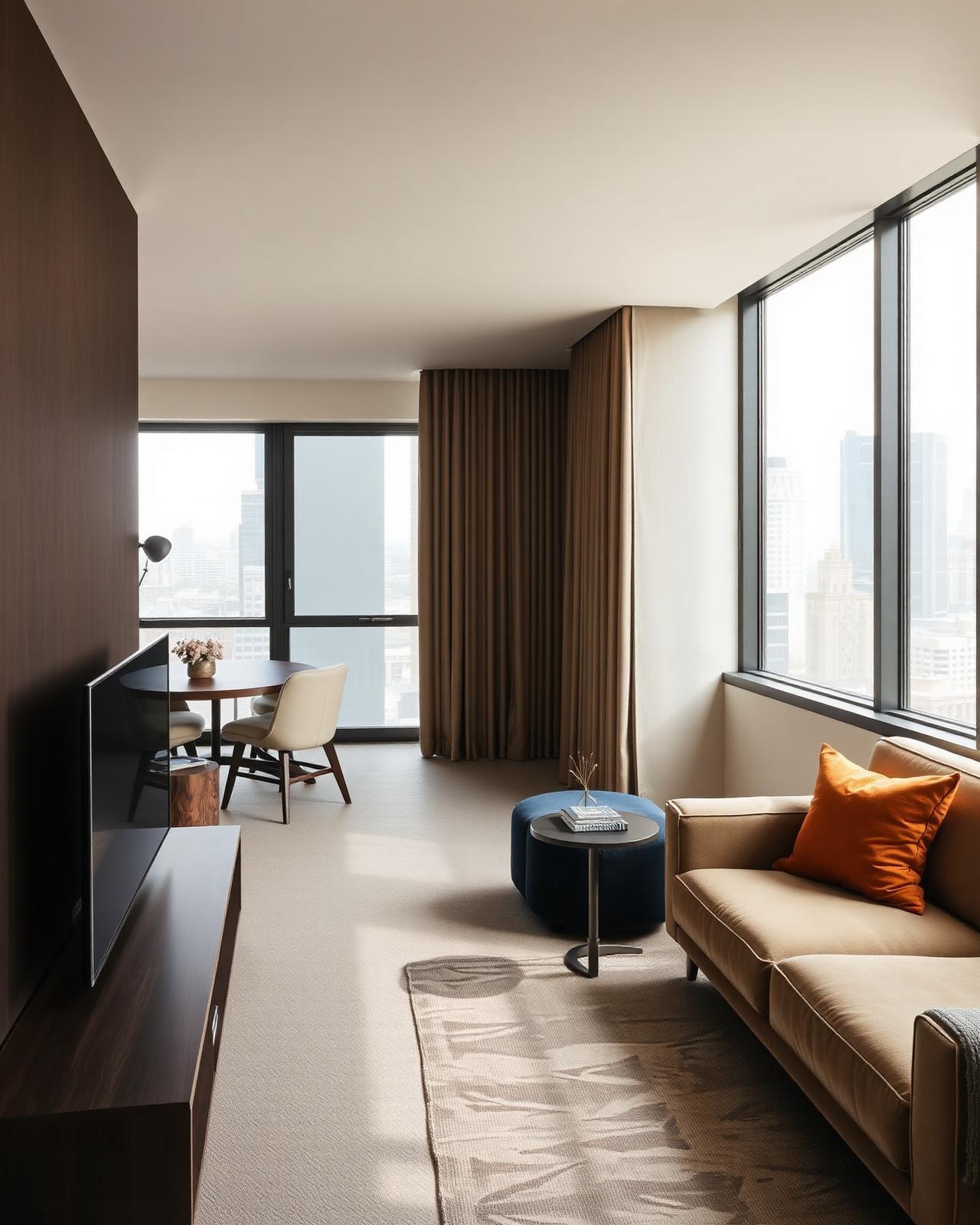 Serviced short-let apartment living space with city views